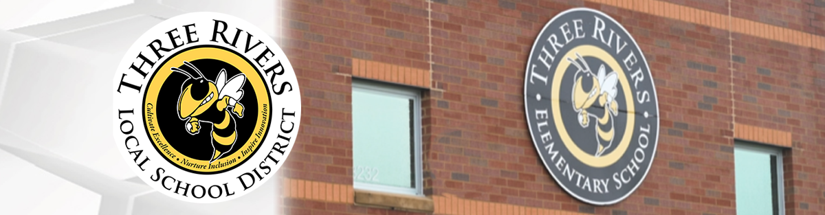 Three Rivers Local School District logo with background of logo on building